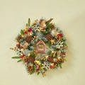 Silver-grey Nordic Christmas wreath with LED lights, berries, and wooden house ornament - 50cm Wreath With Lights