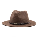 Detail of dark brown fedora straw hat with a vintage bronze bull emblem on woven band - 56-58cm / Brown