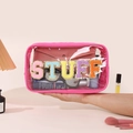 Transparent pink PVC makeup bag with colorful STUFF chenille patches and high capacity - Rose Red (STUFF)