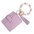 Purple leather card holder with silicone bead bracelet, key ring and tassel pendant - Purple
