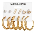 Vintage gold earring set with pearls, rhinestones, and varied geometric hoop designs - 6 Pairs Set-Gold Pearl Rhinestone Woven