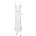 Detailed view of white lace two-piece set featuring ruffled trim camisole and bodycon skirt - S / Off White