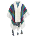 Close-up of white knitted poncho with colorful geometric patterns and plush faux fur collar - Red/Blue Geometric (8#)