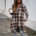 Women's casual long hooded jacket featuring brown plaid pattern and front zipper closure - S / Brown