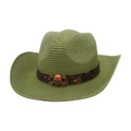 Chapeau de cowboy en paille vert fluo avec bande marron et emblème tête de mort métallique - Vert Militaire