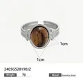Retro stainless steel open ring featuring a polished oval tiger eye stone inlay - Brown/Silver