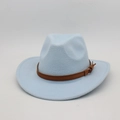 Detail of light blue wool felt fedora featuring a brown leather decorative band and buckle - One Size / Light Blue (With Brown Belt)