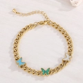 Golden Cuban chain bracelet with three colorful butterfly charms and adjustable clasp - Three-color Butterfly Gold Chain Style (KB168621-HM)