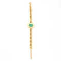 Detail of a gold-plated bracelet featuring a green round stone inlay and adjustable chain - Green Bracelet