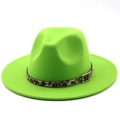 Detail of neon green fedora hat featuring a leopard print band and golden metal buckle - M (56-58cm) / Fluorescent Green