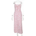 White floral strap dress with red polka dot pattern in slim fit backless midi length - XS / White Red Floral