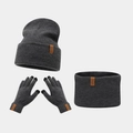 Dark grey knitted beanie, scarf and touchscreen gloves set with vintage leather patches - Deep Heather Grey
