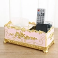 Pink marble-textured tissue box with gold floral motifs and multi-compartment storage - Multi-functional / Gold Pink