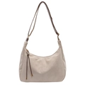 Detail of beige suede hobo bag featuring dark brown leather strap and decorative fringe - Khaki