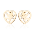 Detailed view of gold heart stud earrings featuring a hollow Cupid angel design - Gold