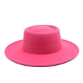 Close-up of bright pink wool felt hat texture with wide brim and flat top design - M (56-58cm) / Rose Red