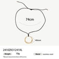 Minimalist stainless steel circular ring pendant with black cord in golden finish - Textured Ring Style (2410ZK31241XL)