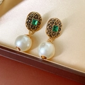 Macro shot of vintage gold earrings with emerald green gems and white pearls in a jewelry box - Earrings (Silver Pin-Gold-White-Green Gem)
