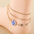 Three-layer gold anklet with vintage blue and white ceramic flower and leaf charm - Ceramic Flower Anklet