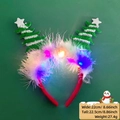 Christmas LED headband with green sequin trees and white feathers on red velvet band - Double Christmas Tree Style