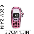 Detail of pink retro phone embroidery patch with Hi text and precise size measurements - Pink Retro Phone