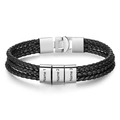 Macro shot of triple-layer braided black leather bracelet with custom name engravings - 19cm / 3 Names / Steel Color Buckle
