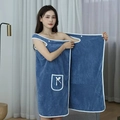 Navy blue wearable coral fleece bath towel wrap with shoulder straps and pocket - One Size / Blue Grey