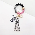 Mama cow print wristlet keychain with pink silicone beads and wooden cow head charm - Pink