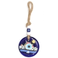 Blue glass evil eye charm featuring painted seaside scenery with hemp rope hanging - Seaside Scenery Style (BE1688BU05)