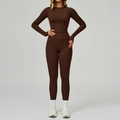 Dunkelbraunes Yoga-Set mit gerafftem Langarm-Oberteil und High-Waist-Leggings mit Taschen - S / Langarm + Lange Hose - Kaffee