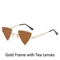 Fashionable punk triangle sunglasses with a gold metal frame and tea colored lenses - Gold Frame Tea Lens