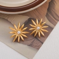 Elegant 18K gold sunflower earrings with white pearls and radiant petal design - Gold Sunflower Pearl Stud Earrings (E11591)
