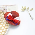 Close-up of red sequined mini top hat with red white blue ribbon bow for Independence Day - 10CM Hair Clip (Human Wear) / Red Sequin Base with Red White Blue Bow