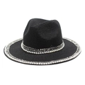 Détail du chapeau Fedora en paille noire avec garniture élégante en perles et strass - M(56-58cm) / Noir