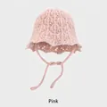 Chapeau cloche en tricot rose avec motifs ajourés et bords festonnés à nouer - Taille Unique (54-58CM) / Rose