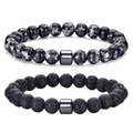 Handmade beaded bracelet set with natural lava stone and marbled stone for men and women - Snowflake + Lava