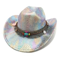 Chapeau de cowboy laser arc-en-ciel avec turquoise et pompons ethniques pour les fêtes - M (56-58cm) / Blanc