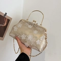 Champagne mesh shell bag with 3D floral embroidery, sequins, and butterfly rhinestone clasp - Gold