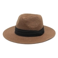 Close-up of brown straw Panama hat with black ribbon and detailed spiral weave texture - M (56-58cm) / Brown