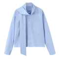 Light blue long-sleeved shirt featuring a stylish bow tie collar and front pocket detail - XS / Sky Blue