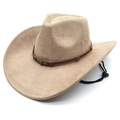 Classic beige western cowboy hat in faux suede with vintage metal badge and chin strap - M(56-58cm) / Camel