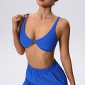 Klein-blaues geripptes Sport-Bra- und Leggings-Set mit V-Ausschnitt und Knoten - S / Blau