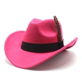 Detail of rose red wool felt cowboy hat featuring black ribbon and decorative feathers - M (56-58cm) / Rose Red