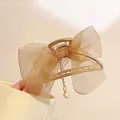 Champagne gold shark clip with organza bow and pearl pendant, 7.5cm metal hair claw - 2# Bow Tassel