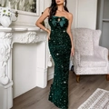 Elegant emerald green sequined strapless evening gown with a velvet bow decoration - S / Dark Green