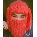 Bright red knitted rabbit ear balaclava hat with silver safety pins and metal chains - Orange Red (No Accessories)