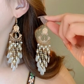 Bohemian gold crescent moon earrings with intricate cutout design and white beaded tassels - White (18# Ear Hook-Gold)