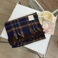 Classic plaid scarf in blue, brown, and white colors with fringe and brand label - Navy Blue