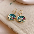 Vintage gold earrings with turquoise enamel and pearl in a Monet garden style - Blue-Green Flower Hook Earrings (HE20922-8)