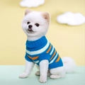 Blue and orange striped knit dog sweater shown on a white Pomeranian pet model - S / Blue Stripe